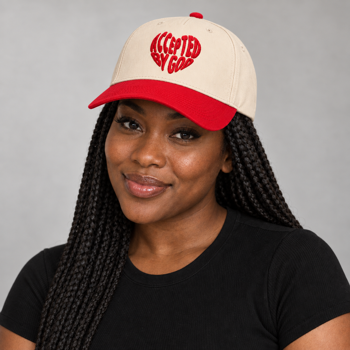 Accepted By God Cream & Red Embroidered Hat